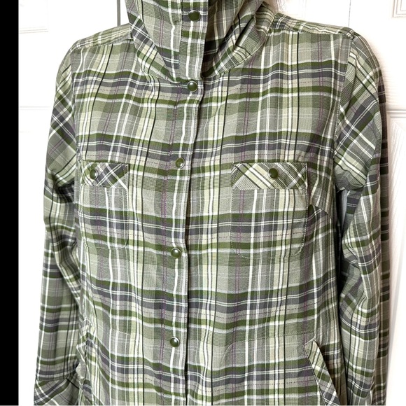 EXOFFICIO Alba Funnel Neck Plaid Shirt Jacket Green Plaid Pockets Purple Hiking - Picture 6 of 16